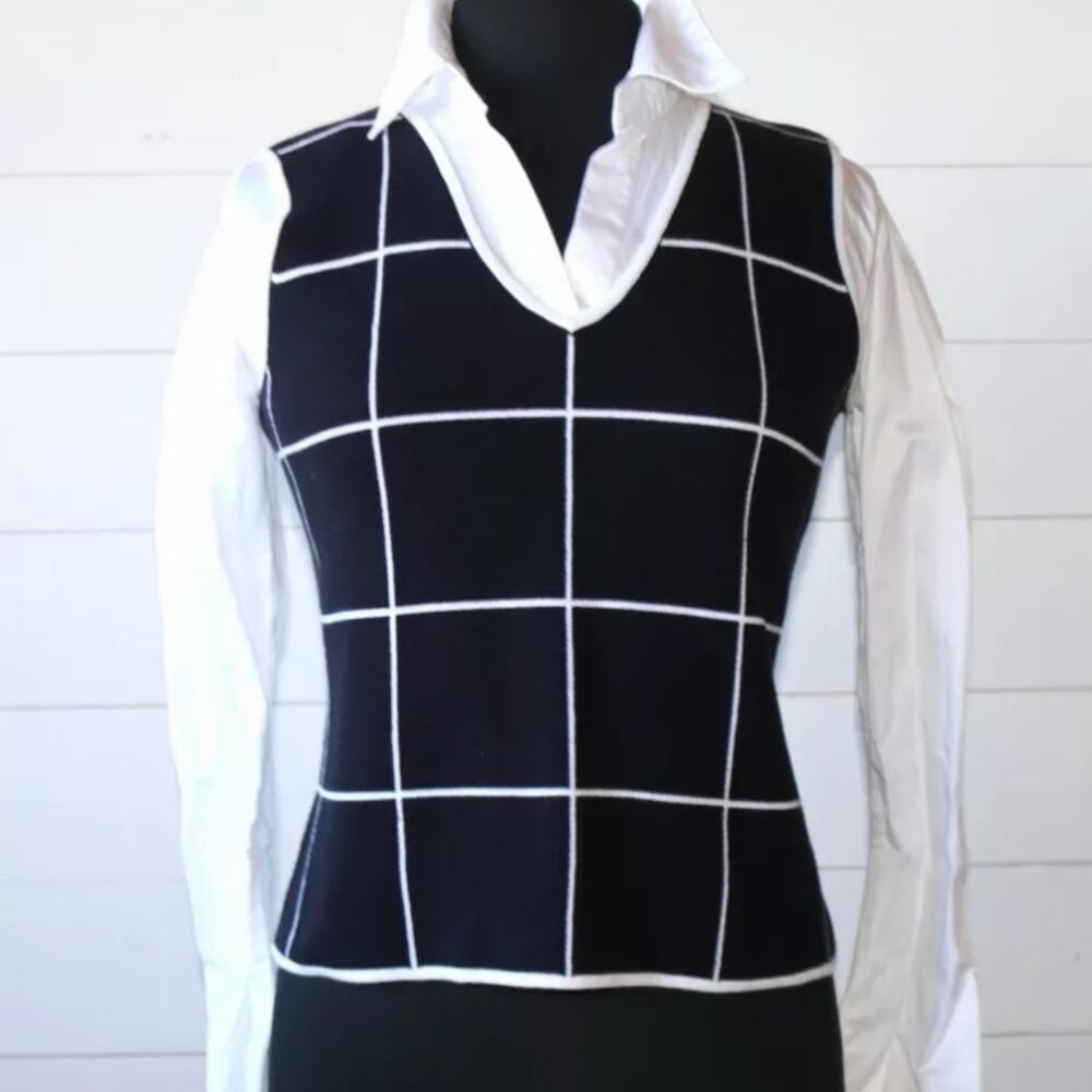 Deane & White Sweater Vest Womens PM Black Excellent Windowpane V-Neck Cotton